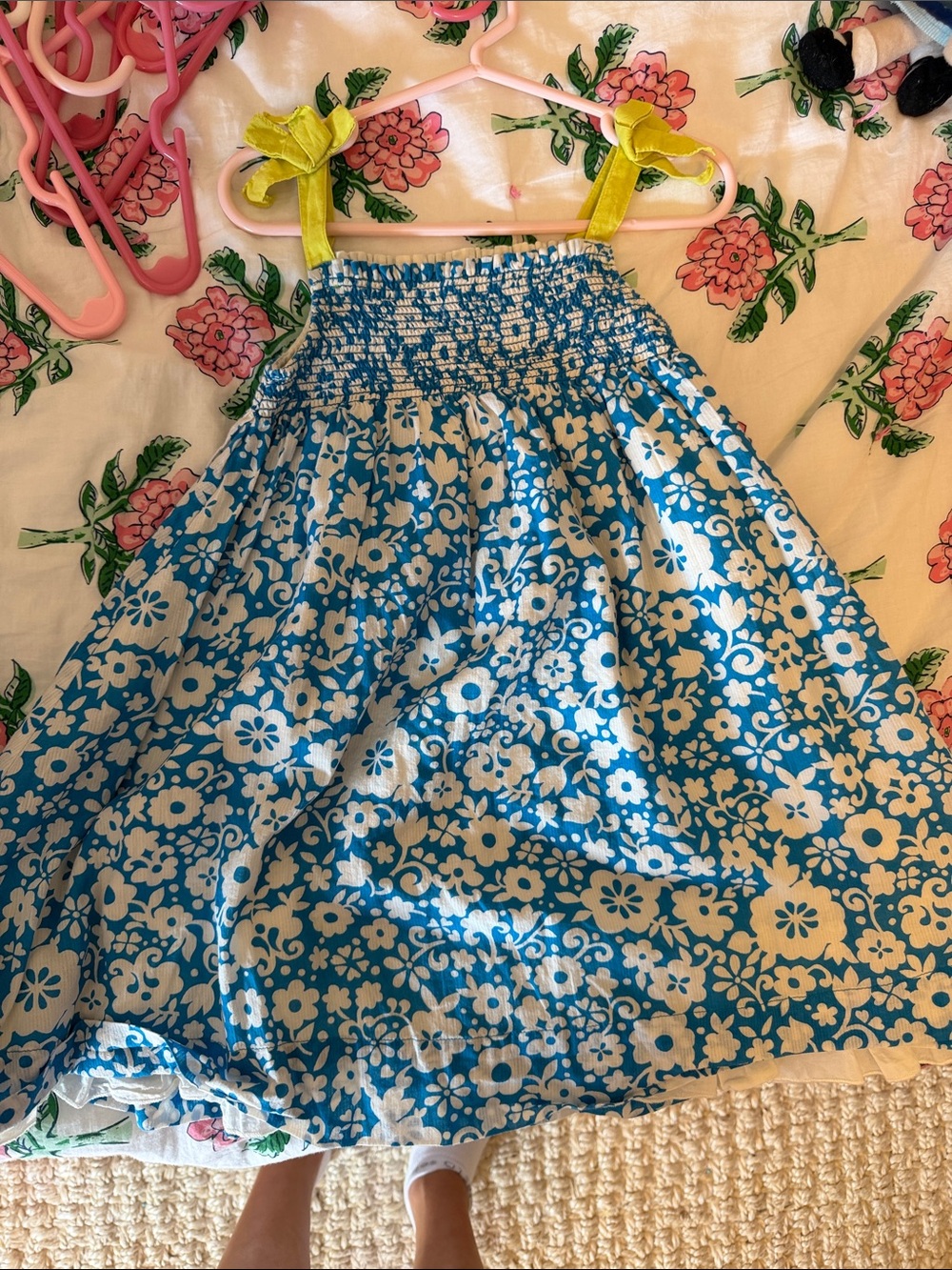 Mini Boden Blue and White Floral Smocked Sundress with Yellow Ties